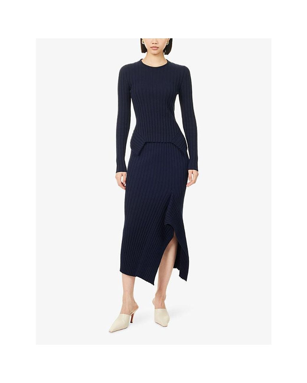 Stella McCartney Blue Asymmetric Ribbed Cotton Midi Skirt