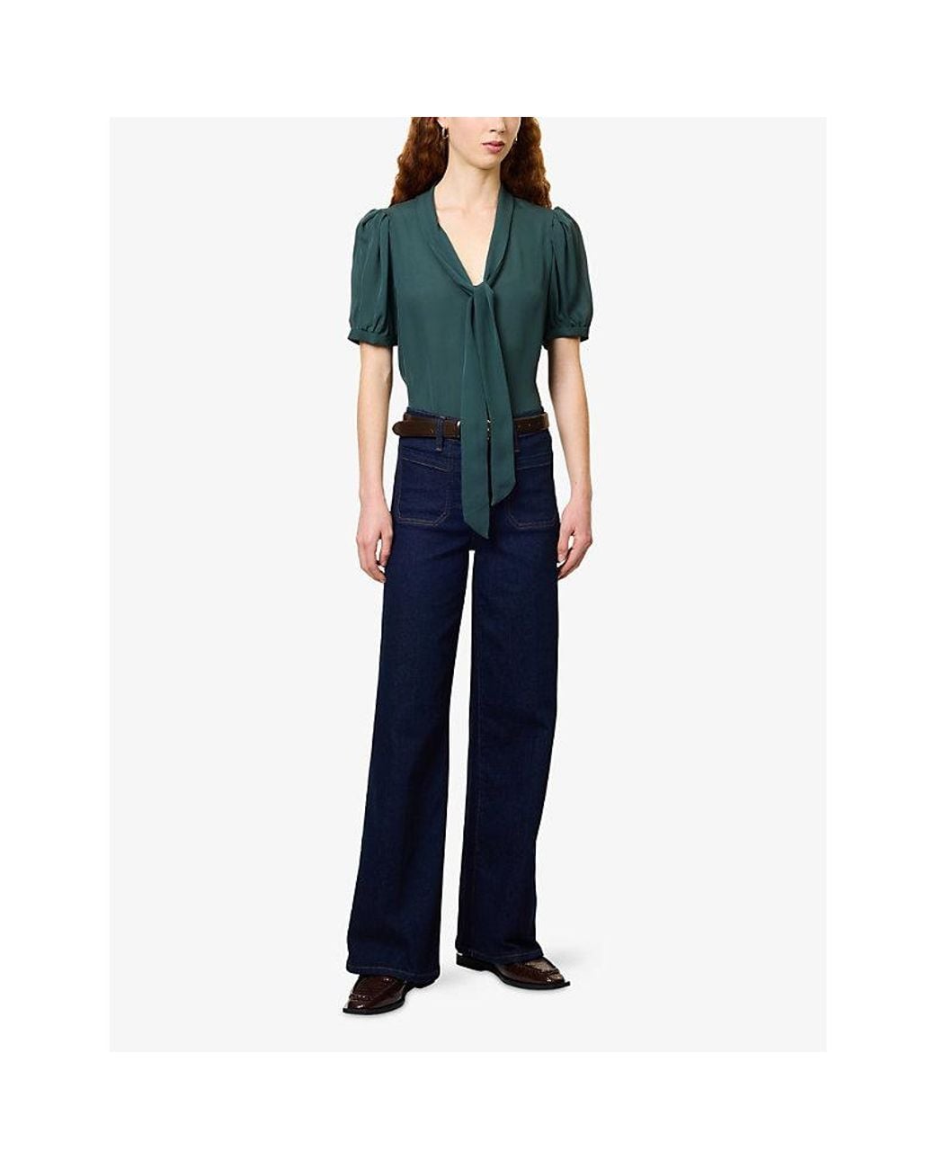 FRAME Green The Sonnet Short-Sleeve Silk Blouse