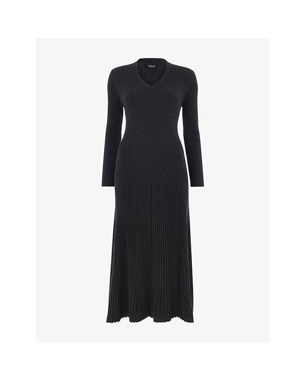 Whistles Black Ribbed Cotton And Cashmere Midi Dress