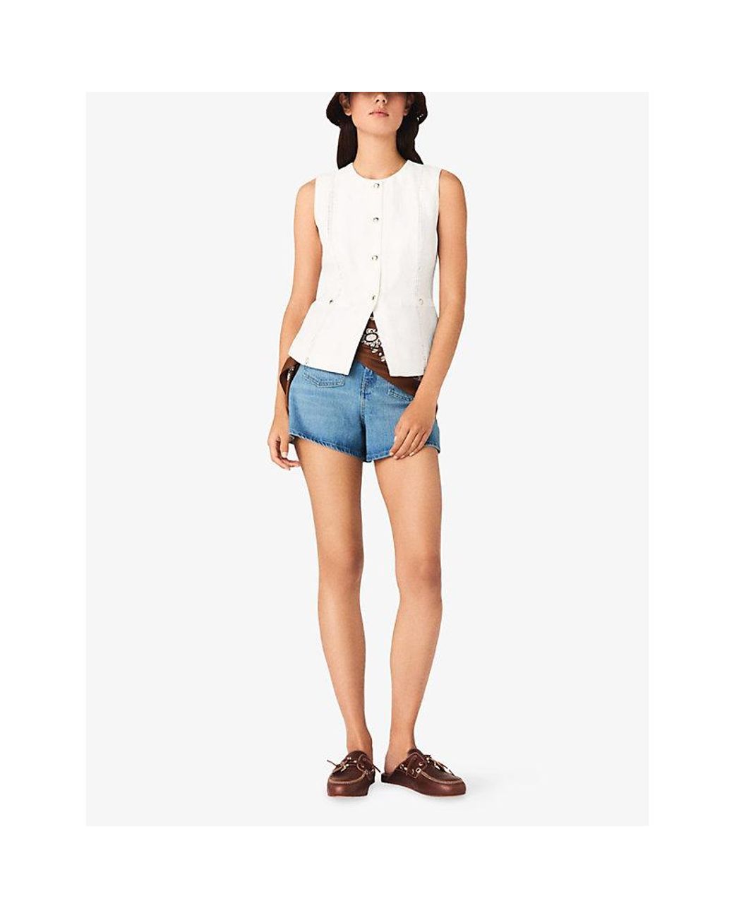 Maje White Sleeveless Button-Down Linen-Blend Jacket