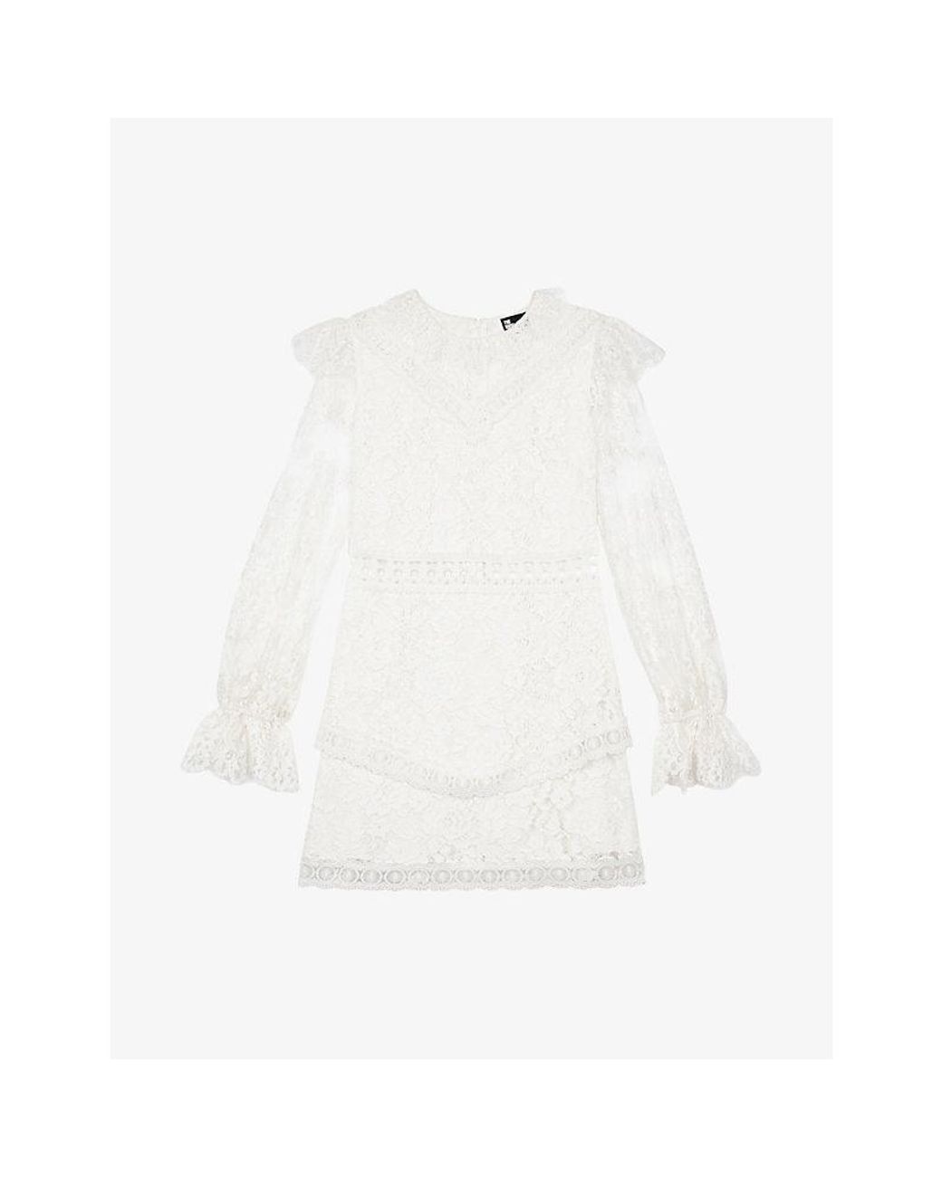 The Kooples Ruffle-Collar Long-Sleeve Lace Mini Dress in White | Lyst