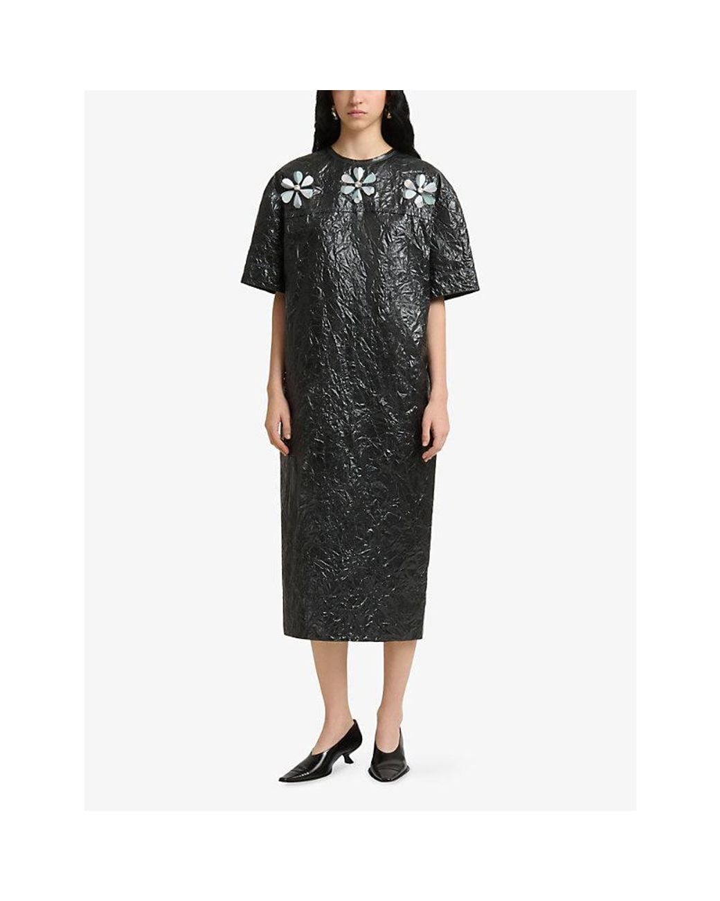 Marni Black 3D Daisy-Embellished Crinkled-Taffeta Midi Dress