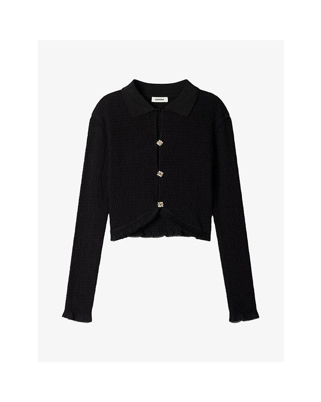 Sandro Black Button-Embellished Cropped Woven T-Shirt