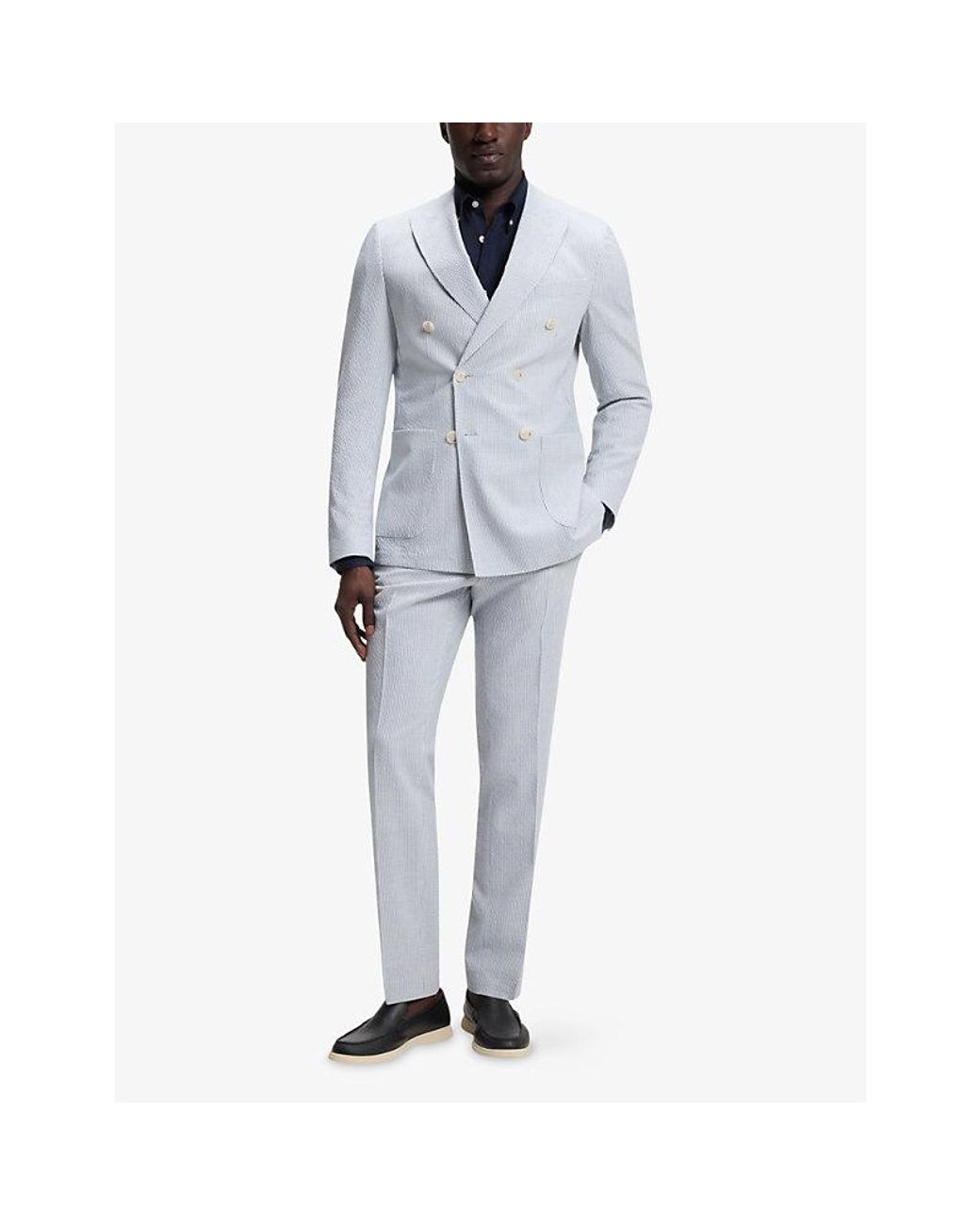 Boss Blue Brand-Embroidered Long-Sleeved Linen Shirt for men