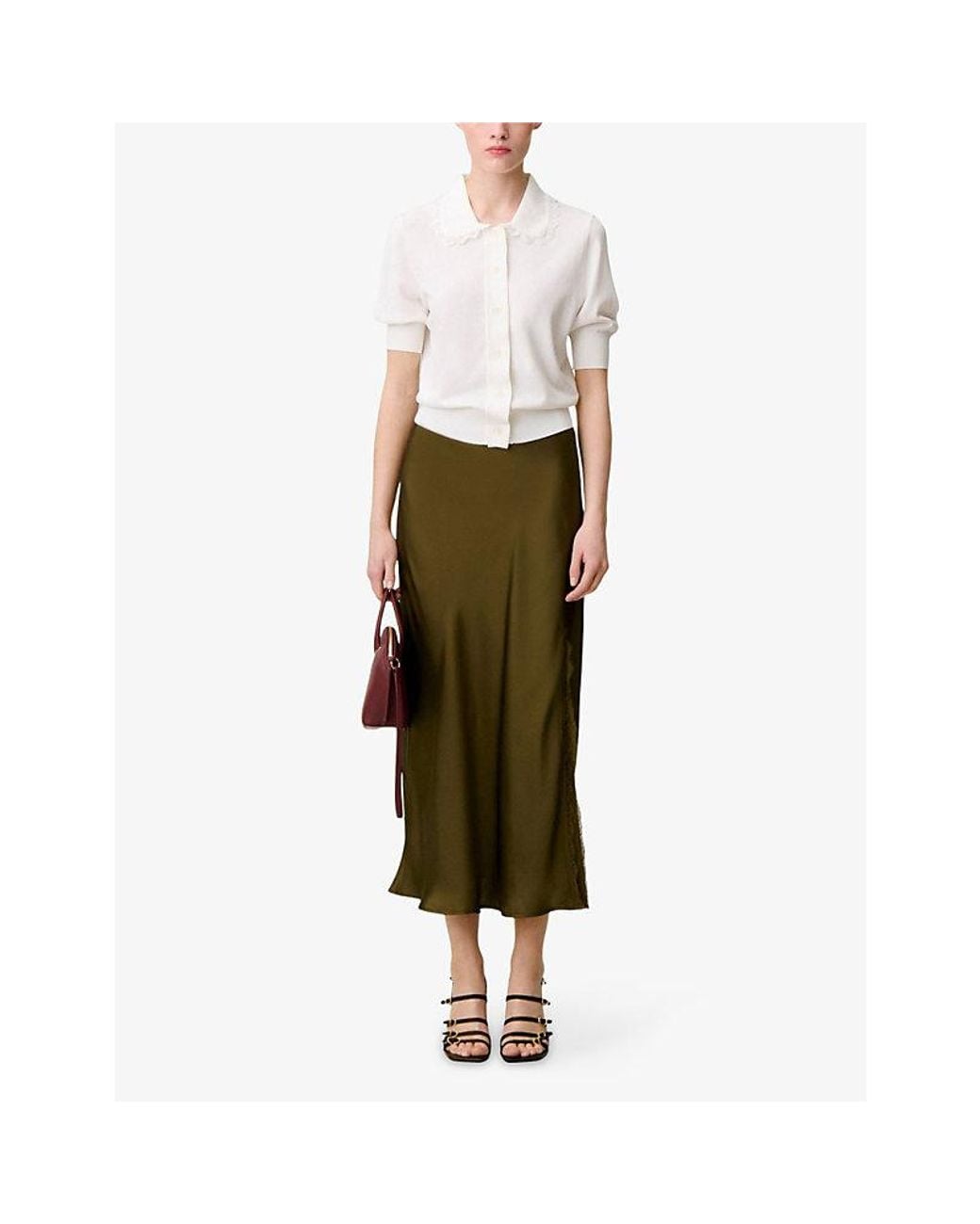 Claudie Pierlot Green Lace-Trim Satin Midi Skirt