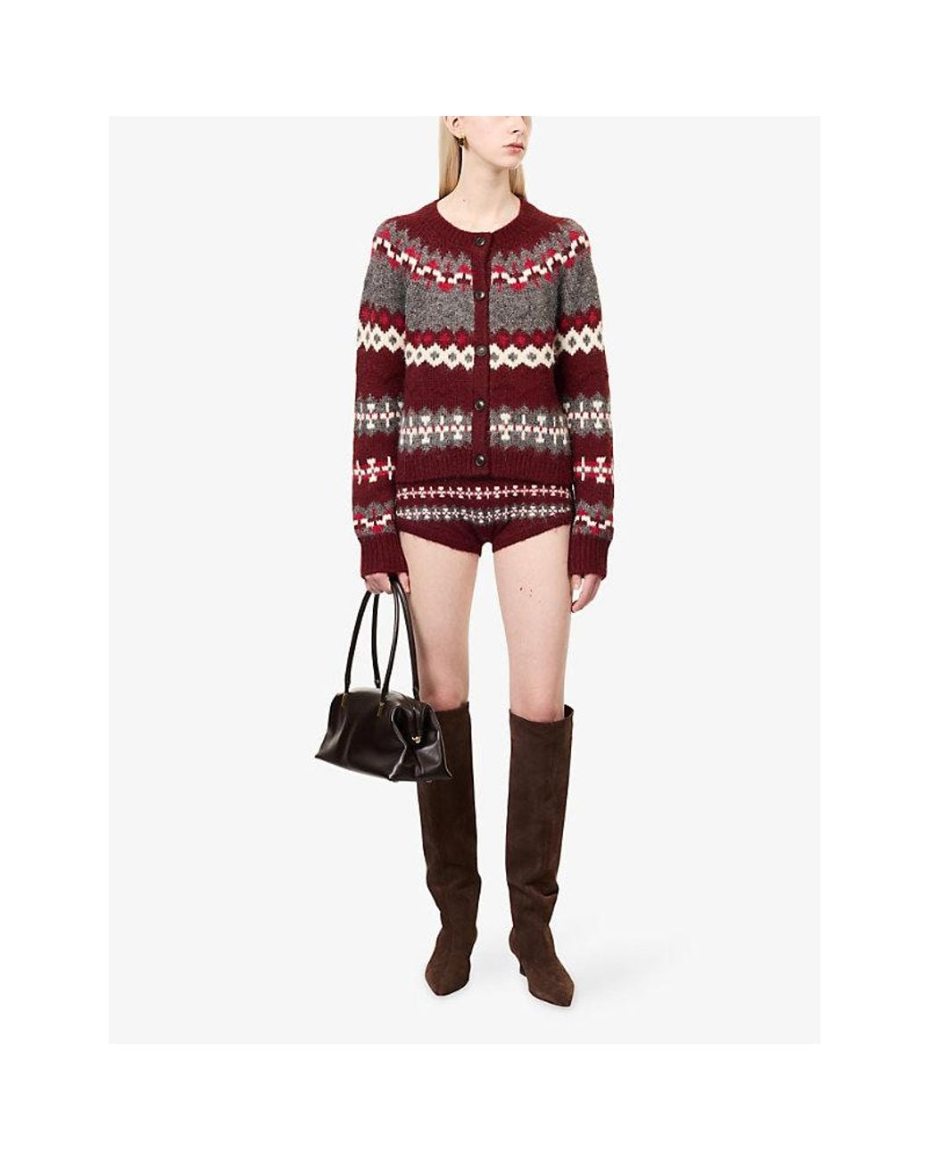 GOOD AMERICAN Red The Classic Fair-Isle Woven Knit Cardigan