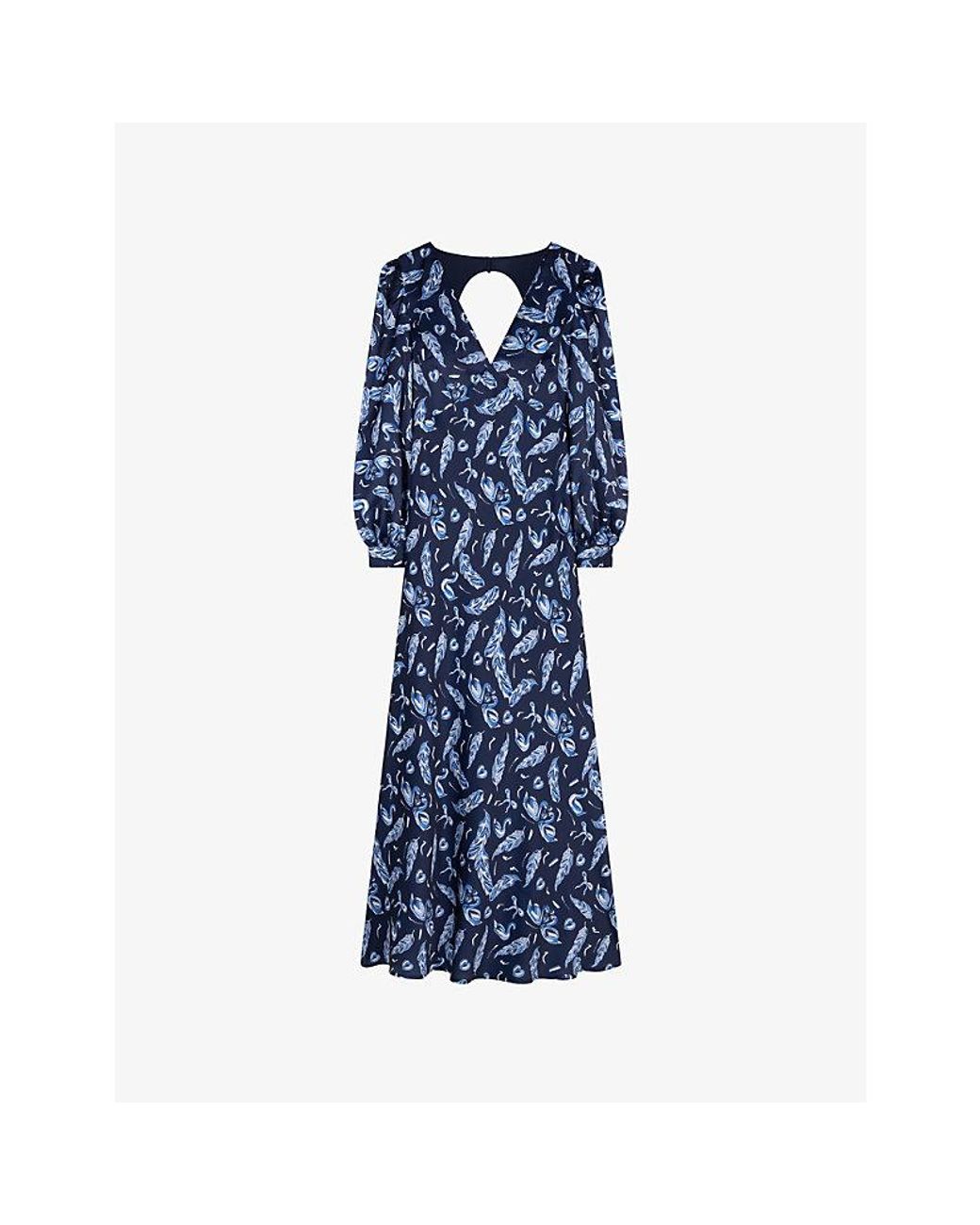 OMNES Blue Francoise Swan-Print Satin Maxi Dress