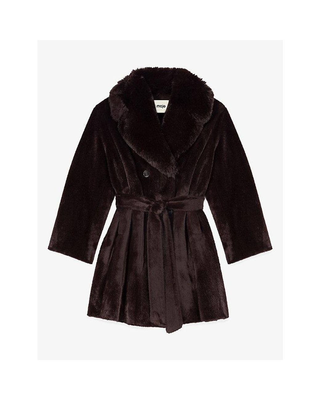 Maje Black Oversized-Lapel Belted Faux-Fur Coat