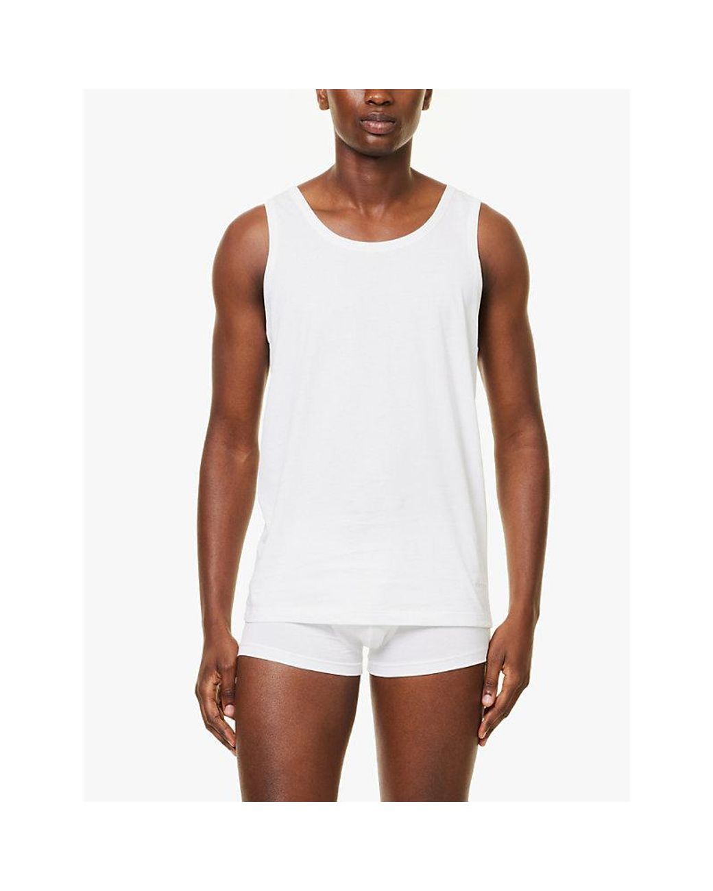 Boss White Scoop Neck Embroidered Branding Cotton-Jersey Vest for men