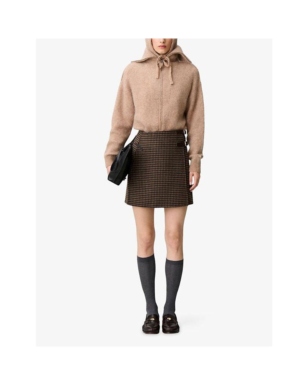 Claudie Pierlot Brown Checked Wrap-Front Wool-Blend Mini Skirt