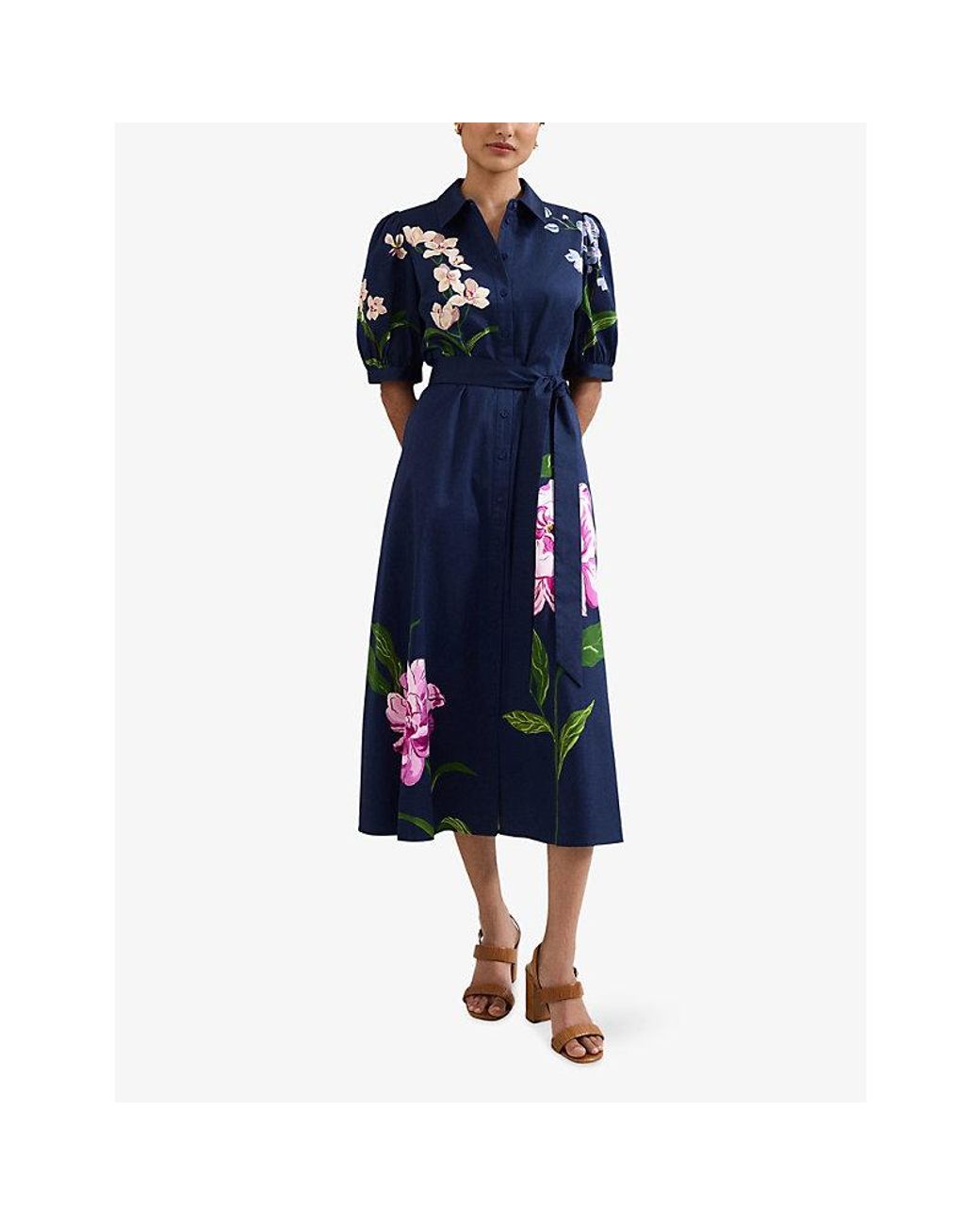 Phase Eight Blue Kerrie Floral-Print Stretch-Cotton Midi Dress