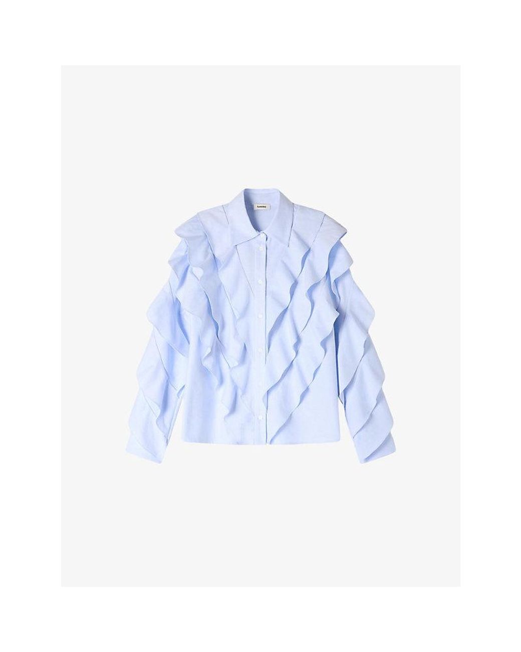 Sandro Blue Ruffled Long-Sleeved Cotton Shirt