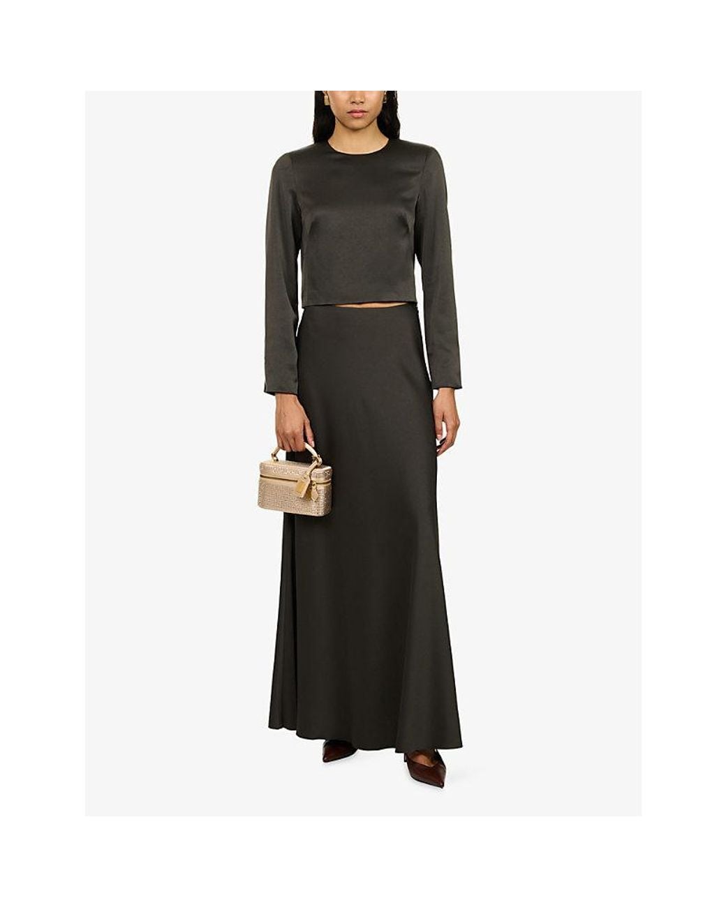 ME+EM Black Long-Sleeve Cropped Satin Top