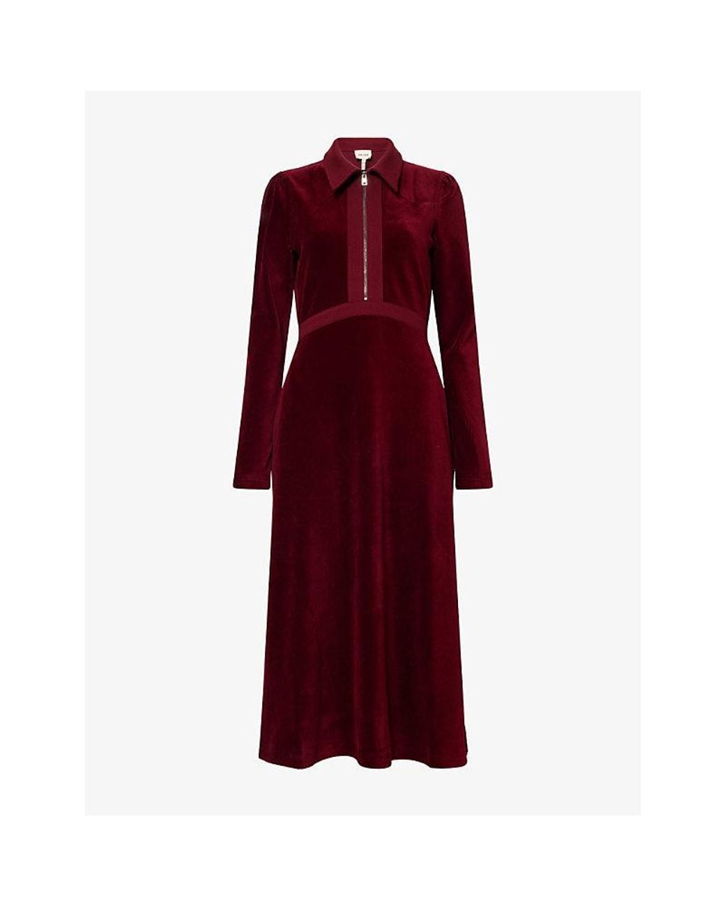 ME+EM Red Pointed-Collar Long-Sleeve Cotton-Blend Midi Dress
