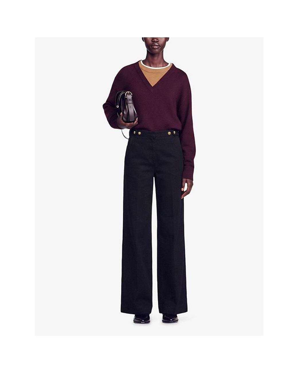 Sandro Black Button-Embellished Wide-Leg High-Rise Jeans