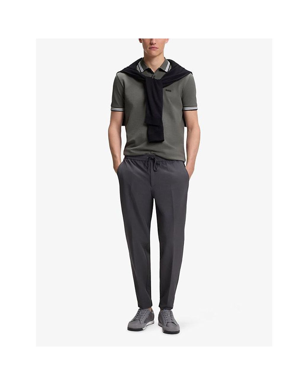 Boss Gray Brand-Embroidered Striped-Trim Cotton-Piqué Polo Shirt for men