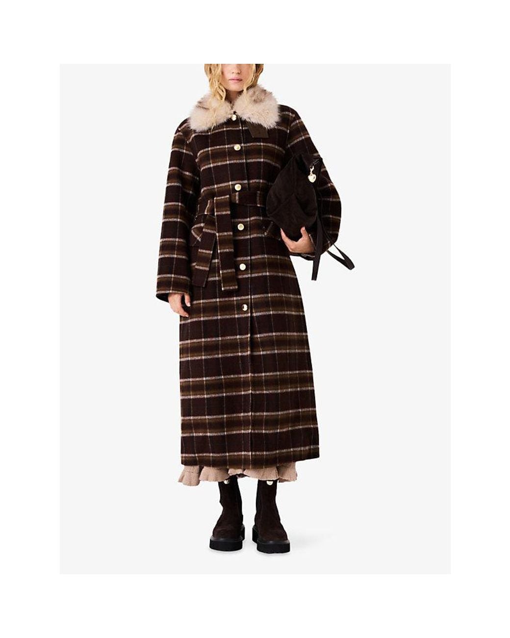 Maje Black Checked Contrast-Collar Wool-Blend Coat