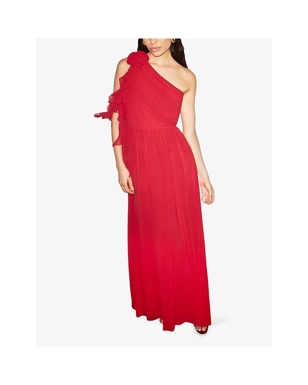 Ro&zo Red Isla Corsage One-Shoulder Woven Maxi Dress
