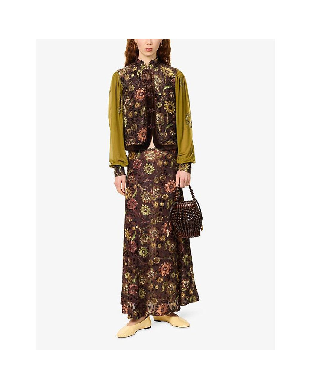 Siedres Brown Siny Floral-Pattern Mesh Maxi Skirt