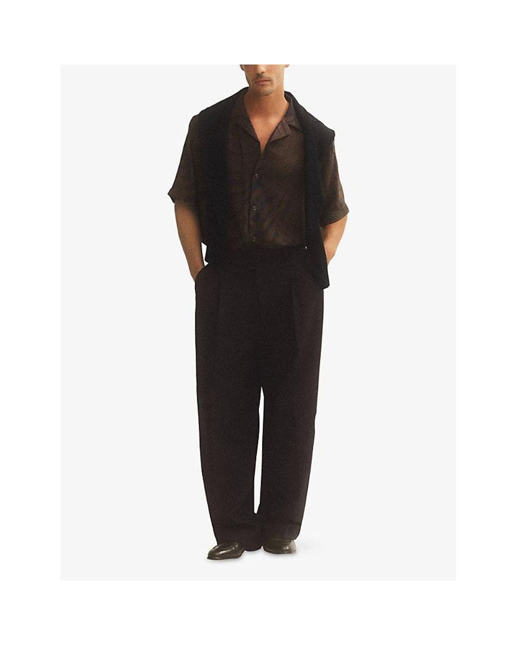 Reiss Black Shindora Plissé Printed Cuban-Collar Woven Shirt for men