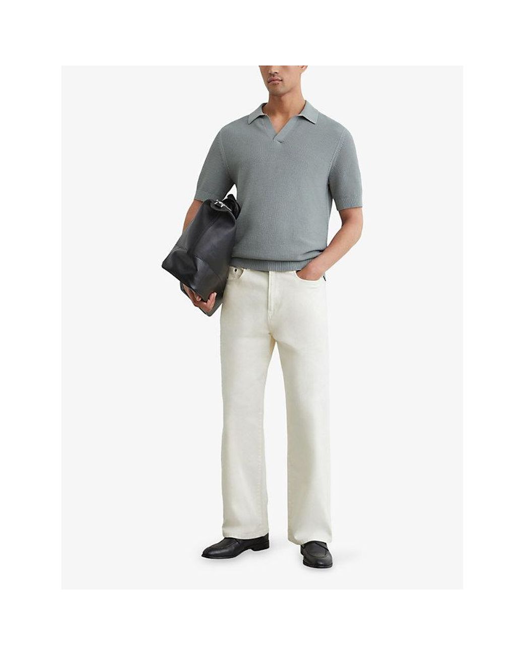 Reiss Gray Leon Open-Collar Textured Cotton-Blend Polo for men
