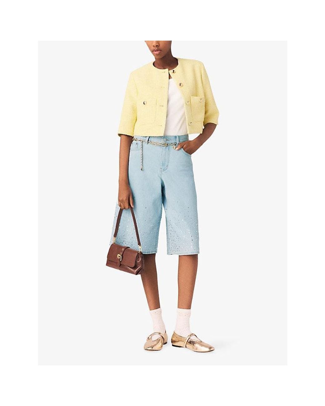 Maje Yellow Round-Neck Short Sleeve Tweed Jacket