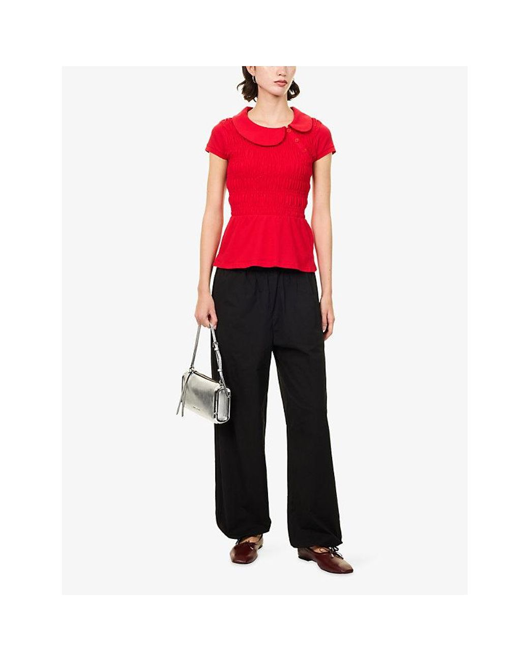 Peachy Den Red Ferdinand Shirring Cotton-Stretch Polo Top