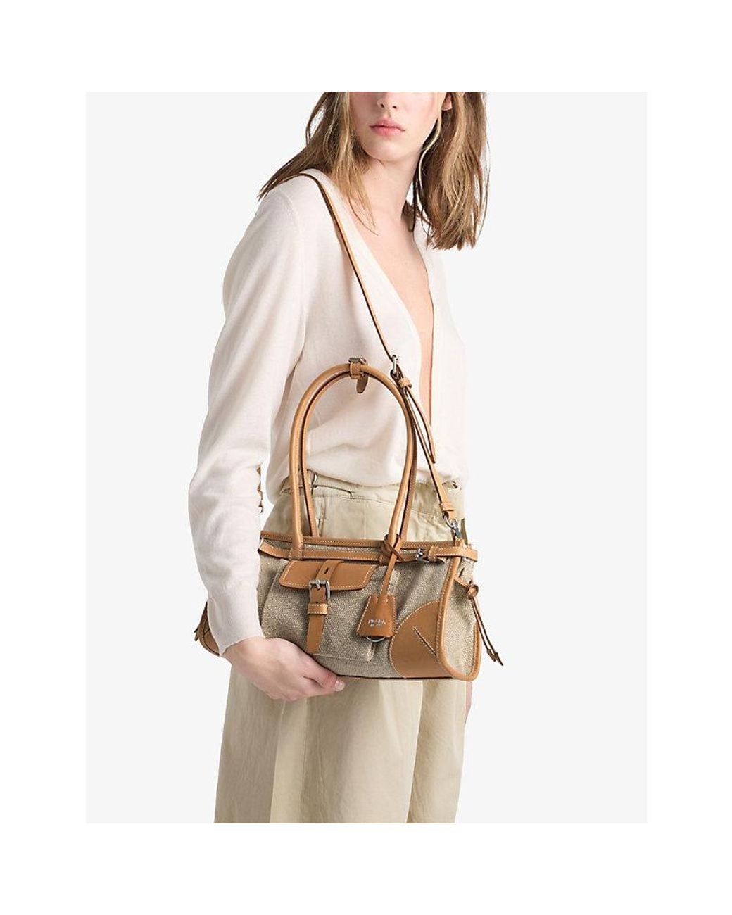 Prada White Bonnie Medium Linen And Leather Shoulder Bag