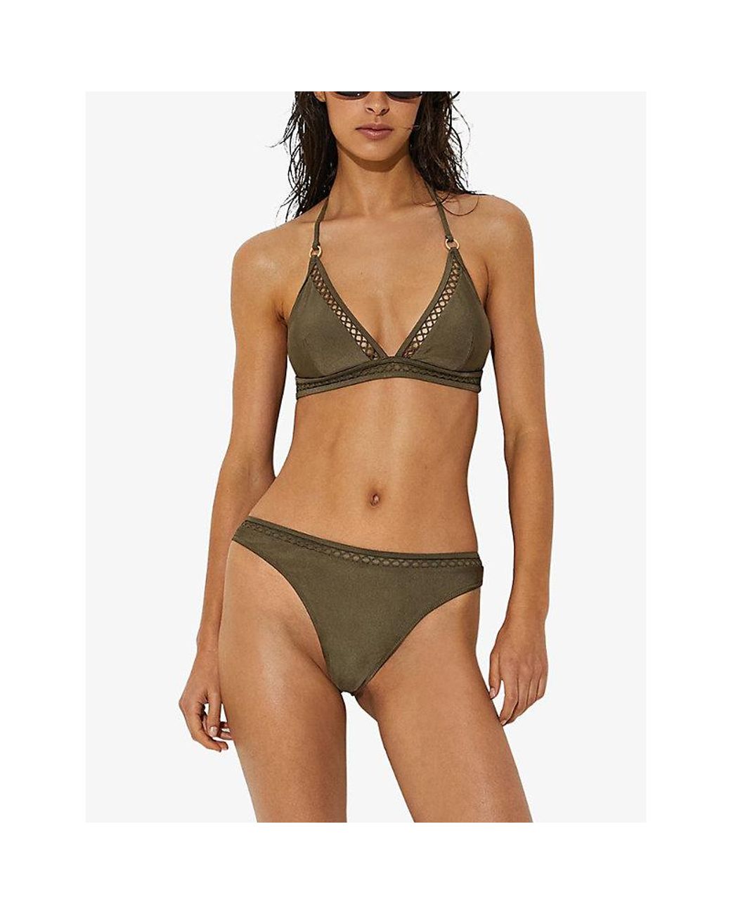 Reiss Green Janina Lattice-Trim Bikini Bottoms