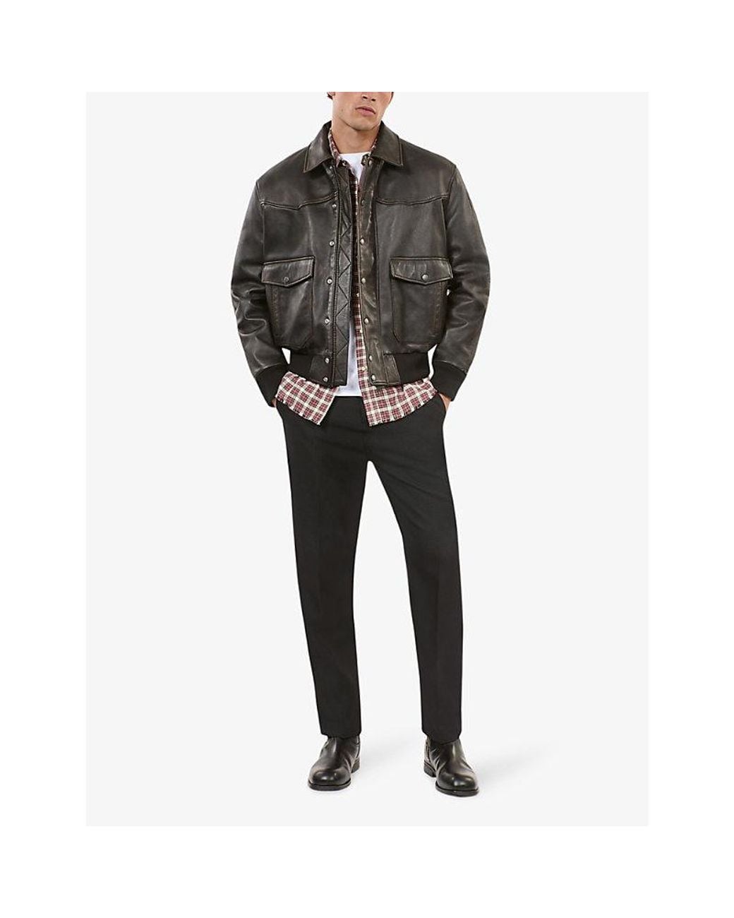 The Kooples Gray Flap-Pocket Oversized-Fit Leather Jacket for men