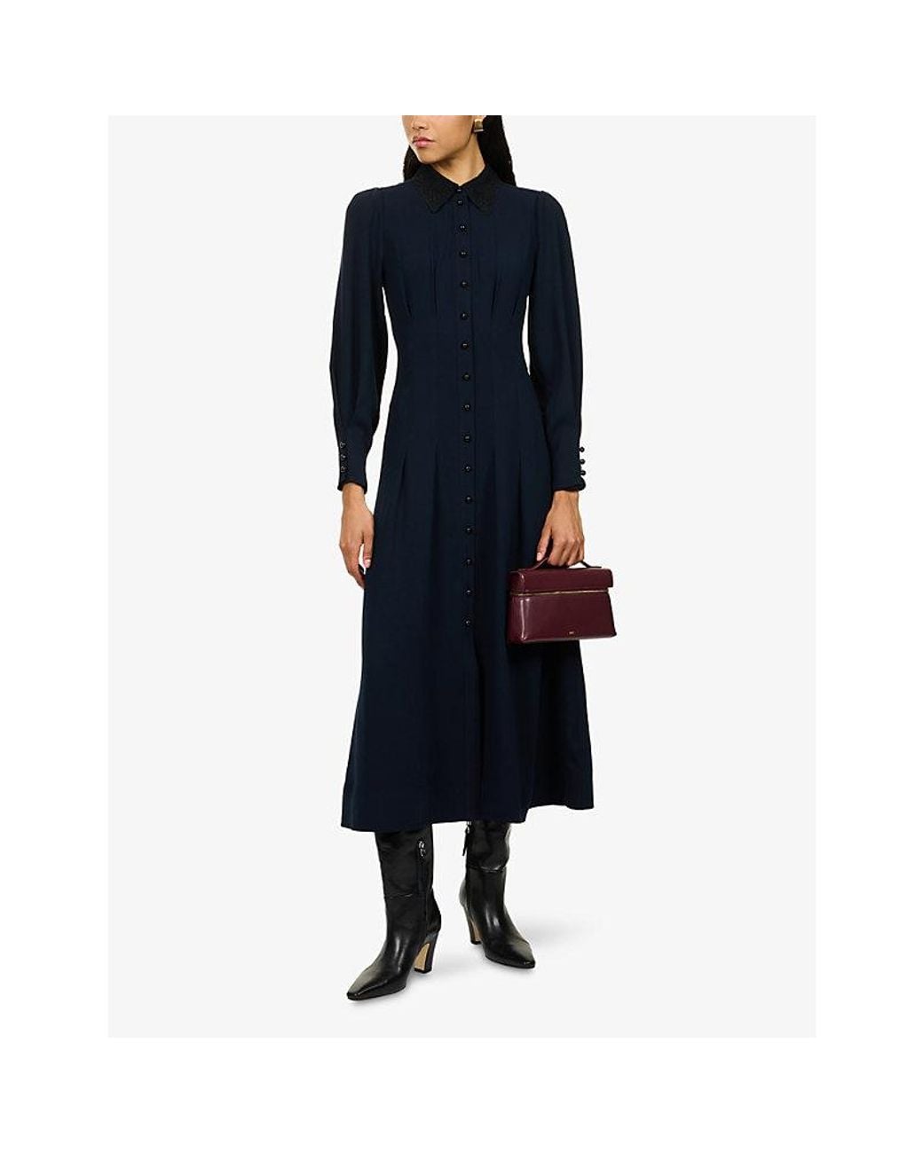 ME+EM Blue Pleated Long-Sleeve Woven Midi Dress