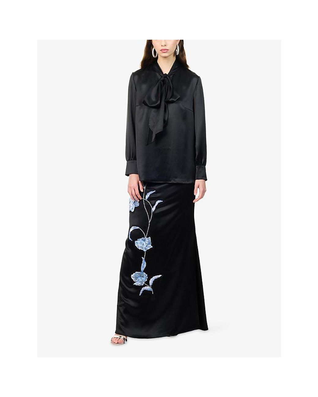 Huishan Zhang Black Lucille Floral-Embroidered Satin Maxi Skirt