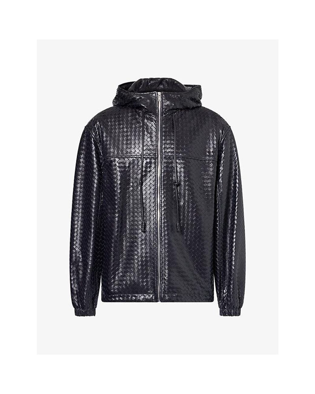 Bottega Veneta Black Intrecciato Hooded Leather Jacket for men