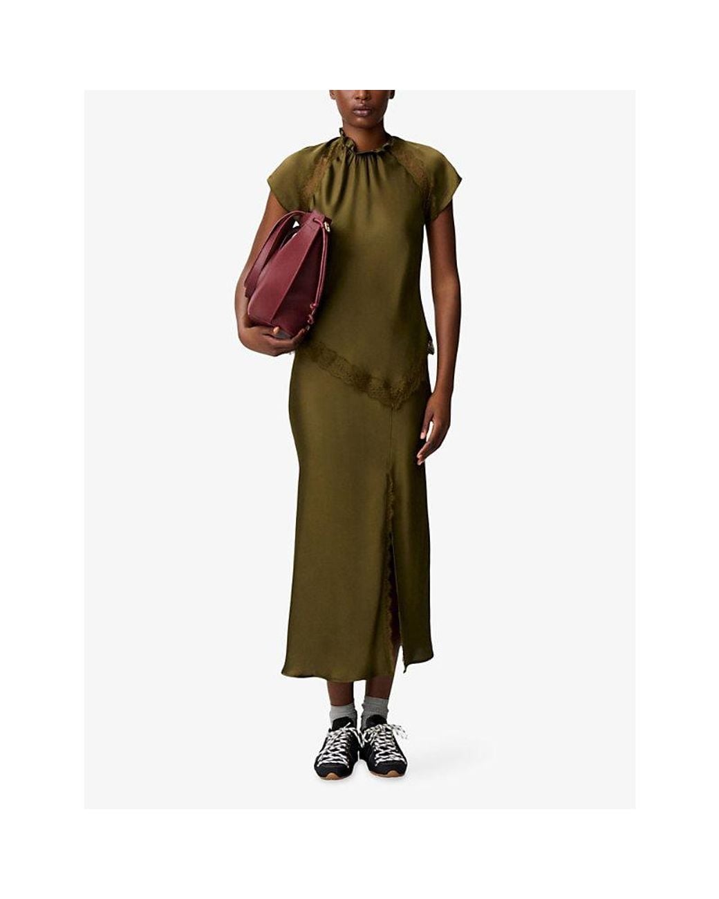 Claudie Pierlot Green Asymmetric Lace-Trim Satin Top