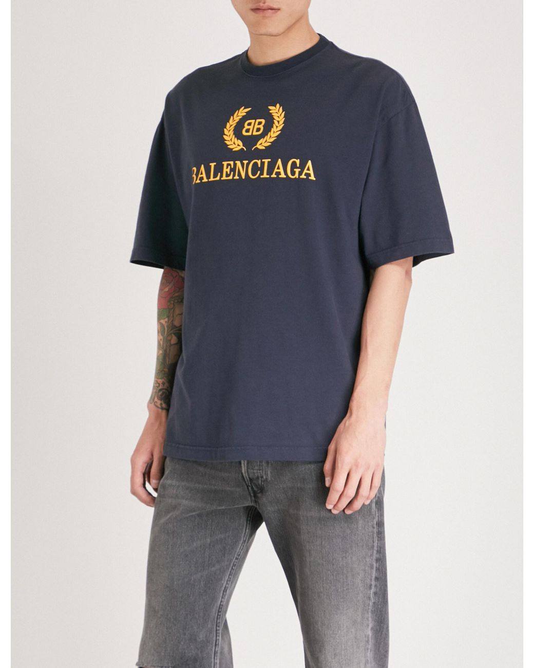 Balenciaga Bb Leaf-logo Cotton-jersey T-shirt in Navy (Blue) for Men | Lyst