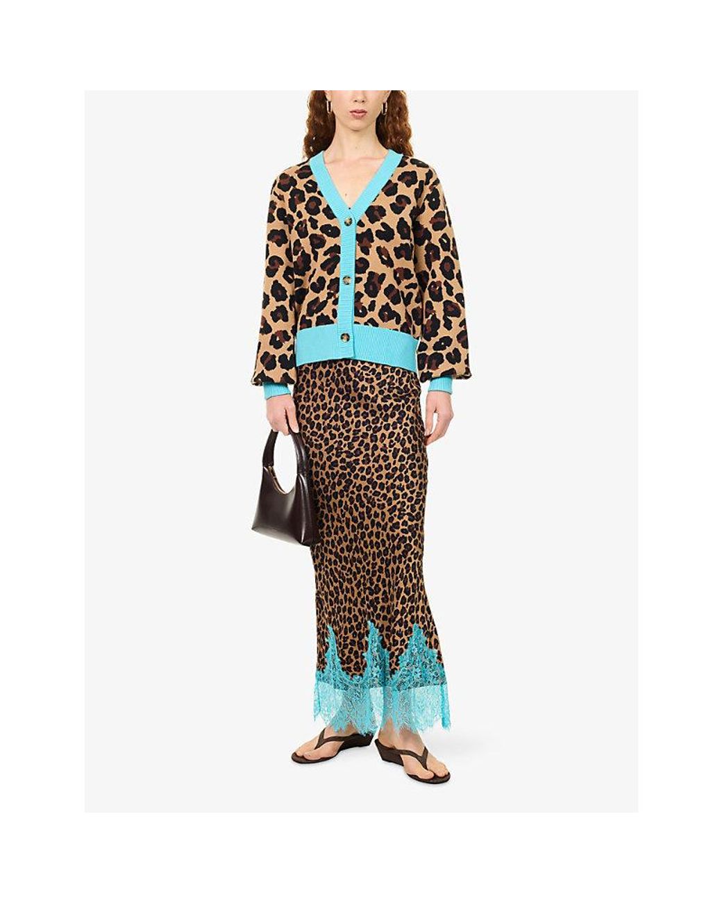 Never Fully Dressed Brown Maeva Leopard-Print Satin Midi Skirt