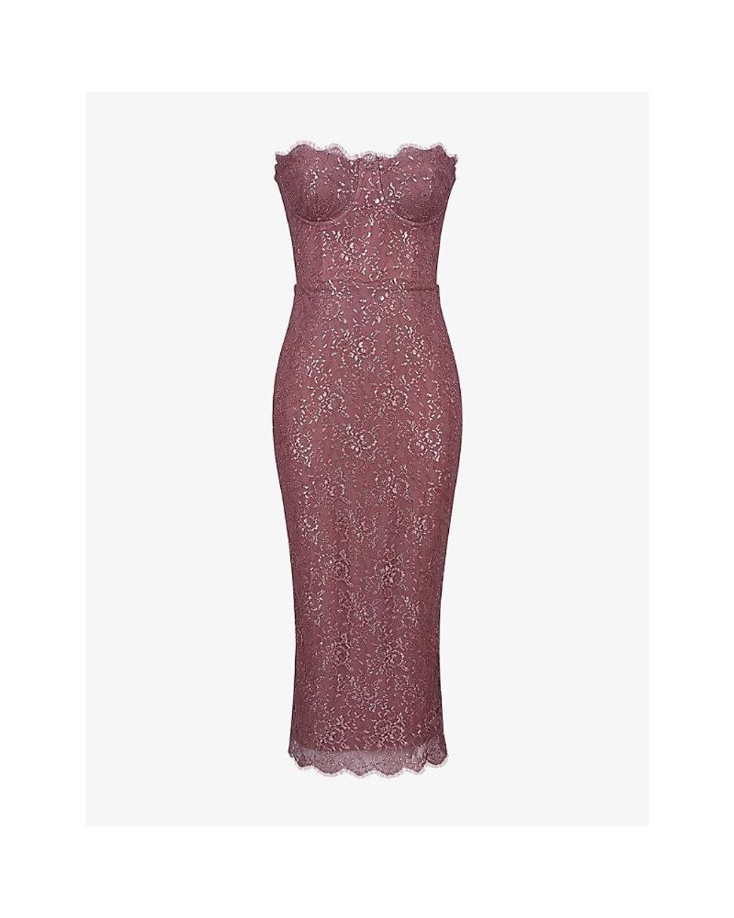 House Of Cb Purple Alexia Strapless Floral-Lace Woven Midi Dress Xs (A-C Cup)