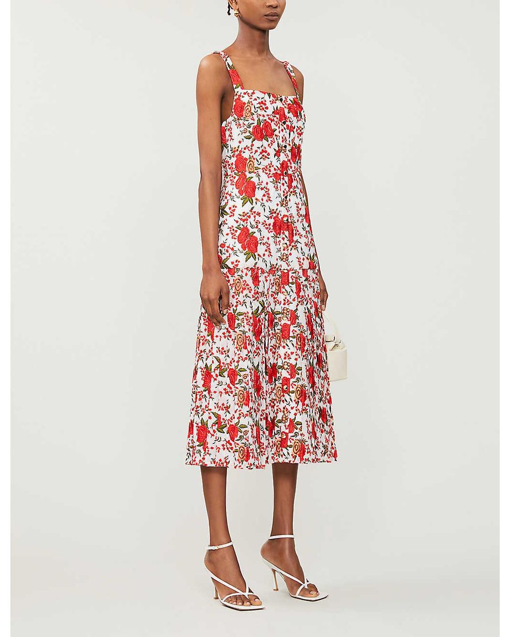Alexis Amal Floral-embroidery Woven Midi Dress in Red | Lyst