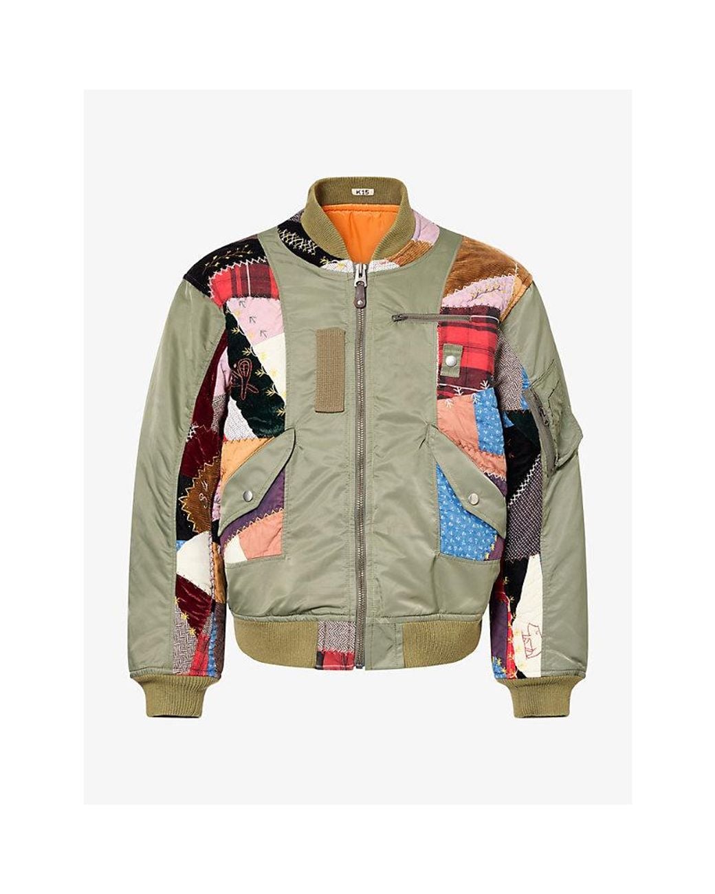KHOKI Green Quilted Patchwork Woven Bomber Jacket for men