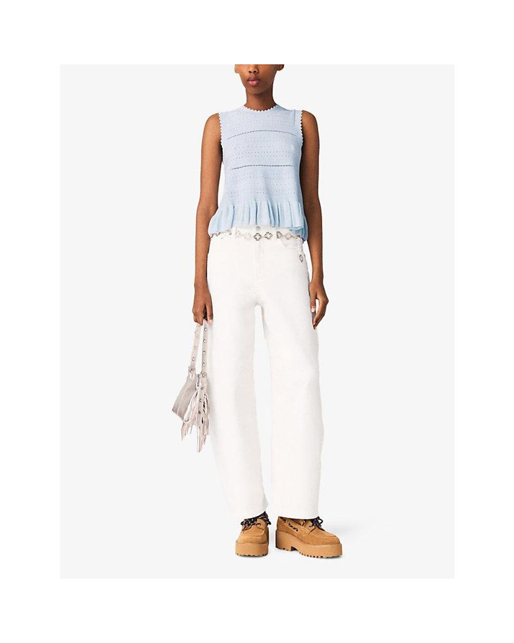 Maje Blue Ruffled-Hem Openwork Knitted Top