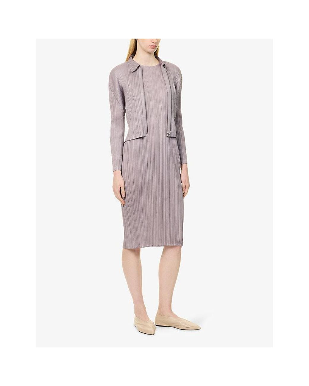 Pleats Please Issey Miyake Purple Short-Sleeve Pleated Knitted Dress