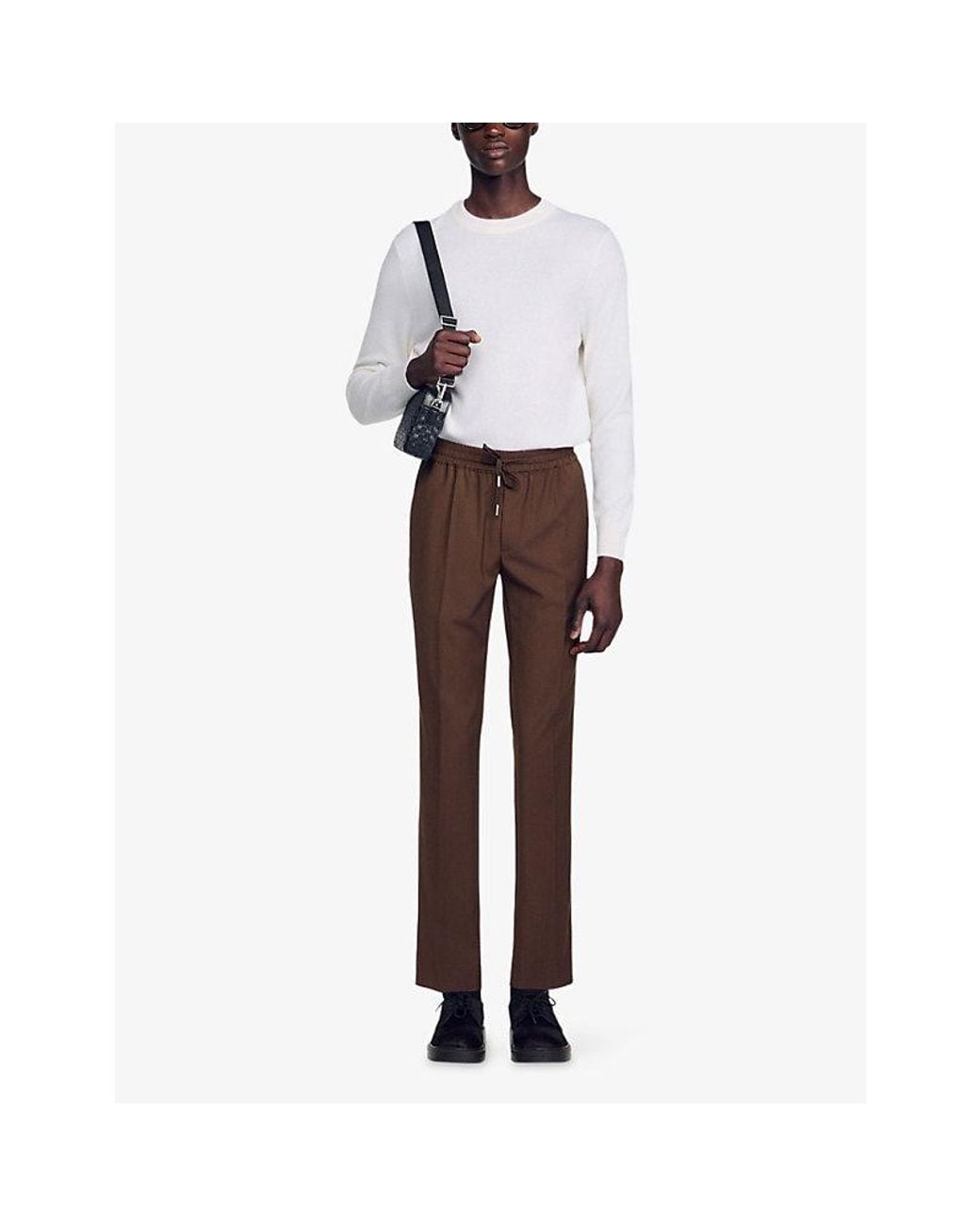 Sandro Brown Drawstring Elasticated-Waist Stretch Wool-Blend Trousers for men