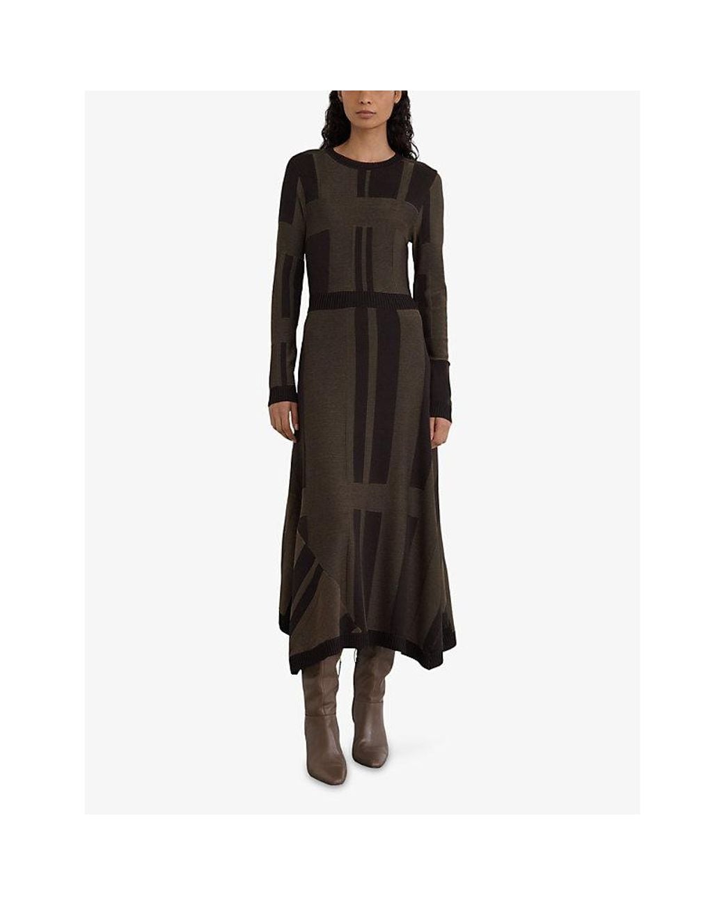 Reiss Black Geometric-Pattern Knitted Midi Dress