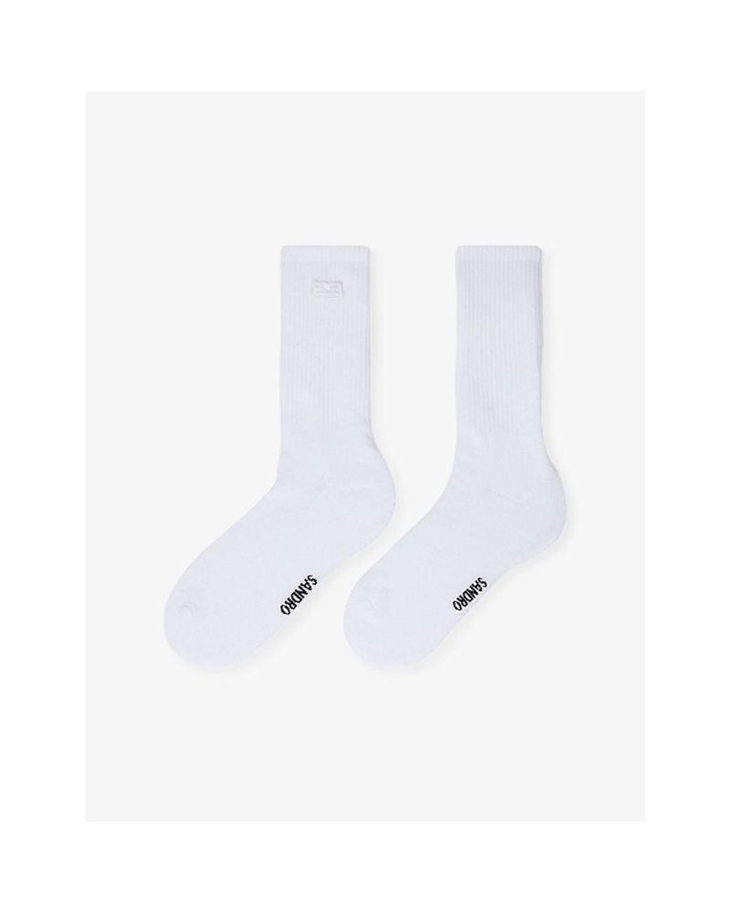 Sandro White Embroidered Logo-Patch Ribbed Stretch-Cotton Socks