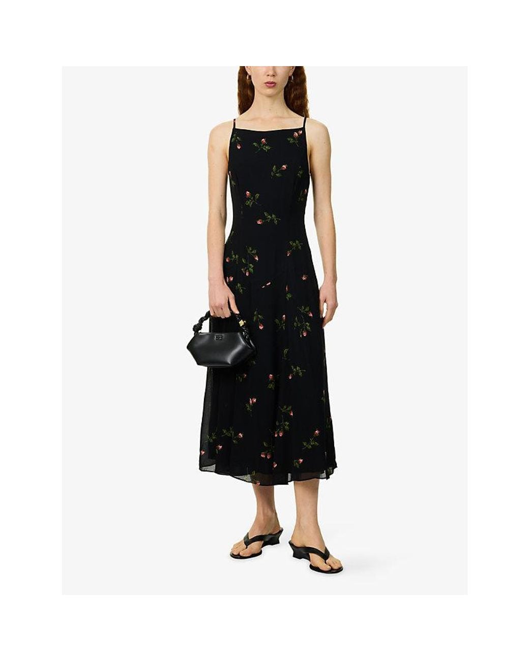 Reformation Black Marcina Floral-Print Georgette Midi Dress