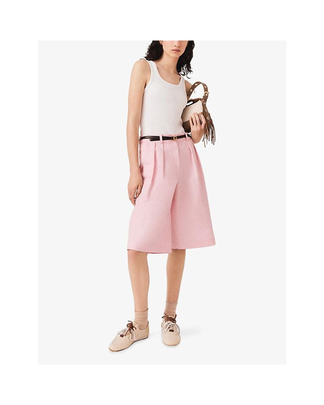 Maje Pink Pleated-Front Wide-Leg Cotton And Linen Bermuda Shorts