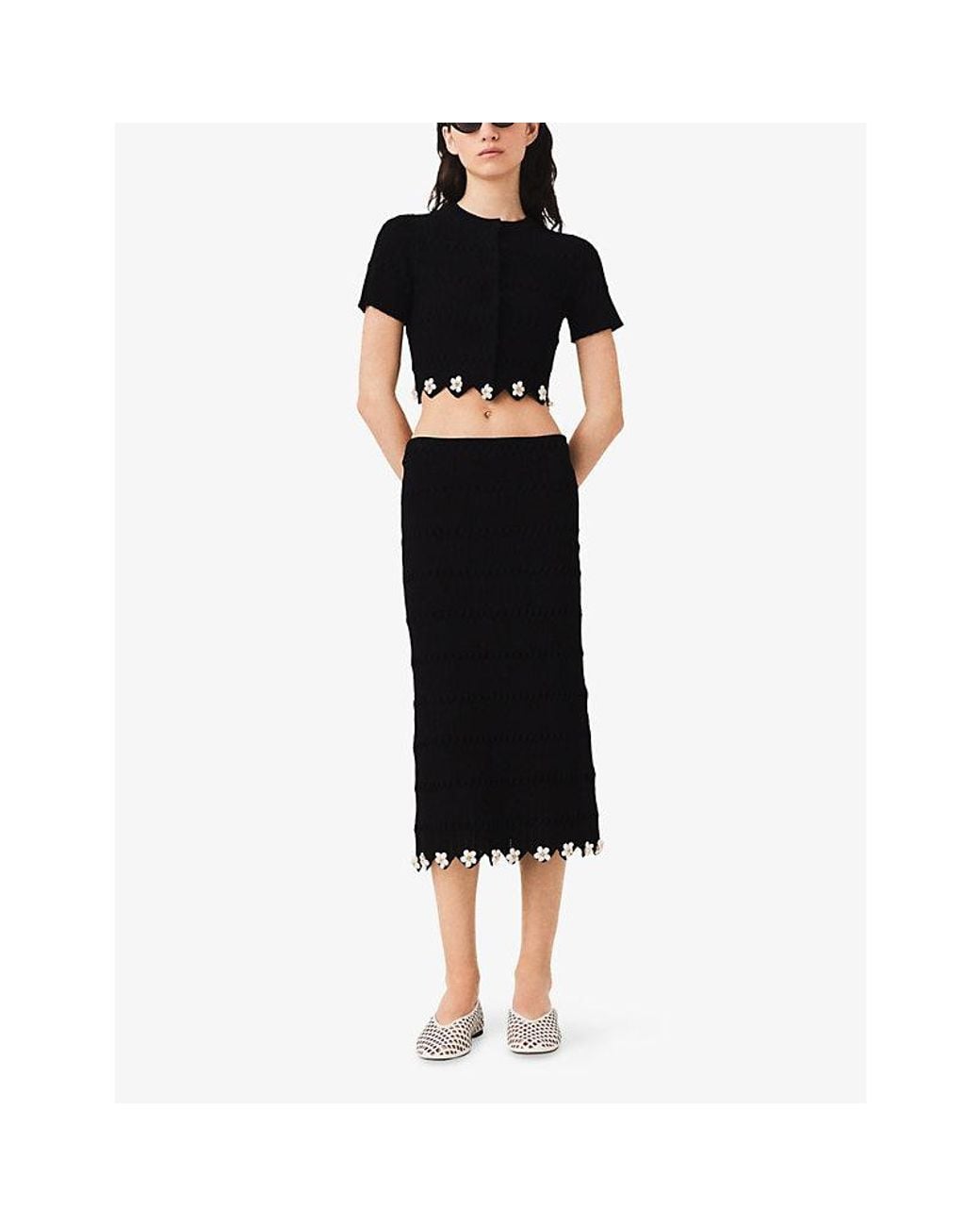 Maje Black Jewelled-Flower Scalloped-Edge Knitted Midi Skirt