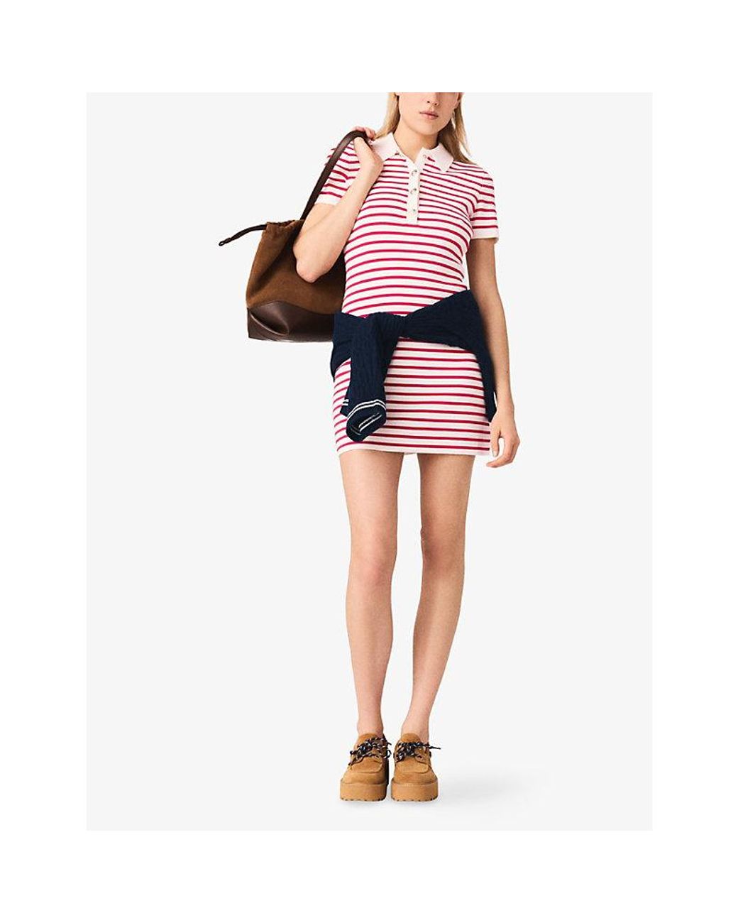Maje Pink Striped Polo-Collar Cotton-Blend Mini Dress