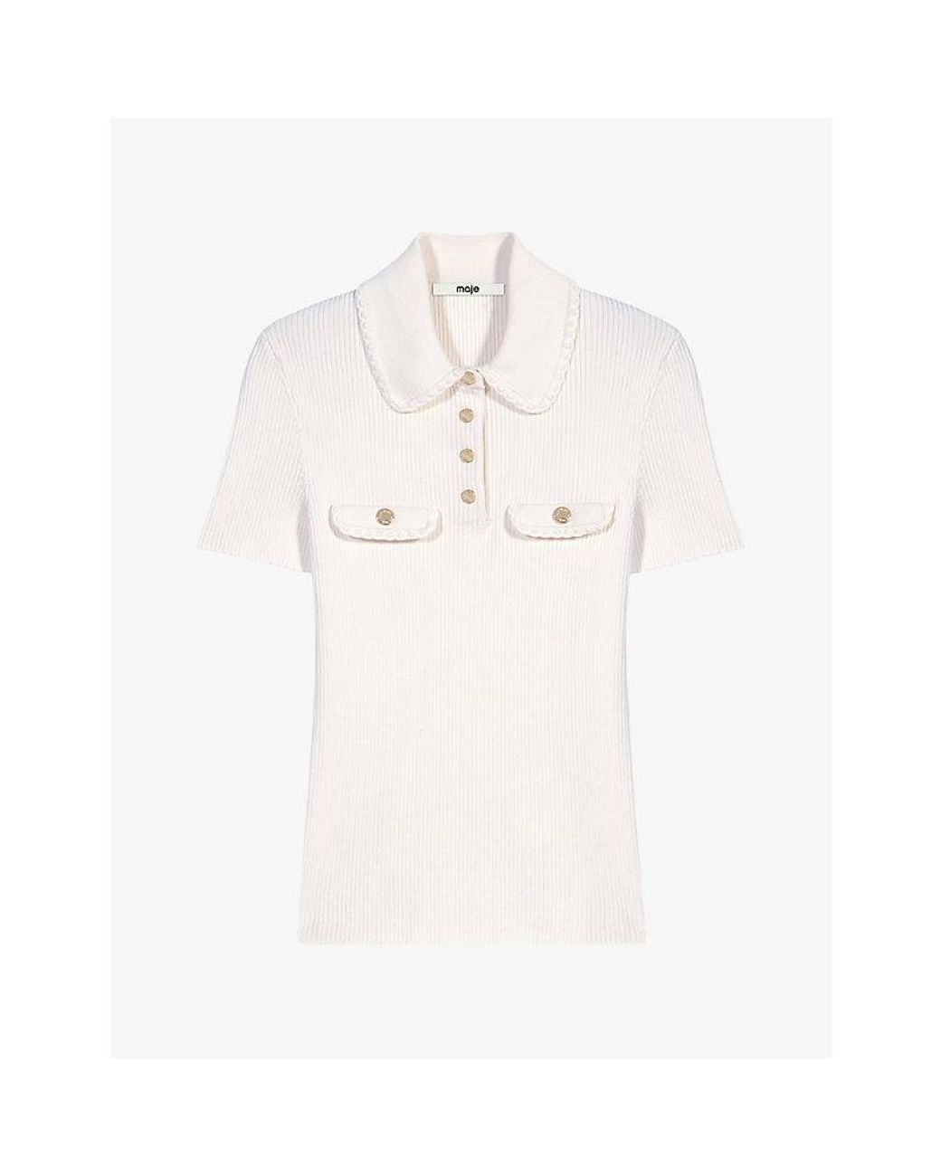 Maje White Flap-Pocket Slim-Fit Knitted Polo Shirt