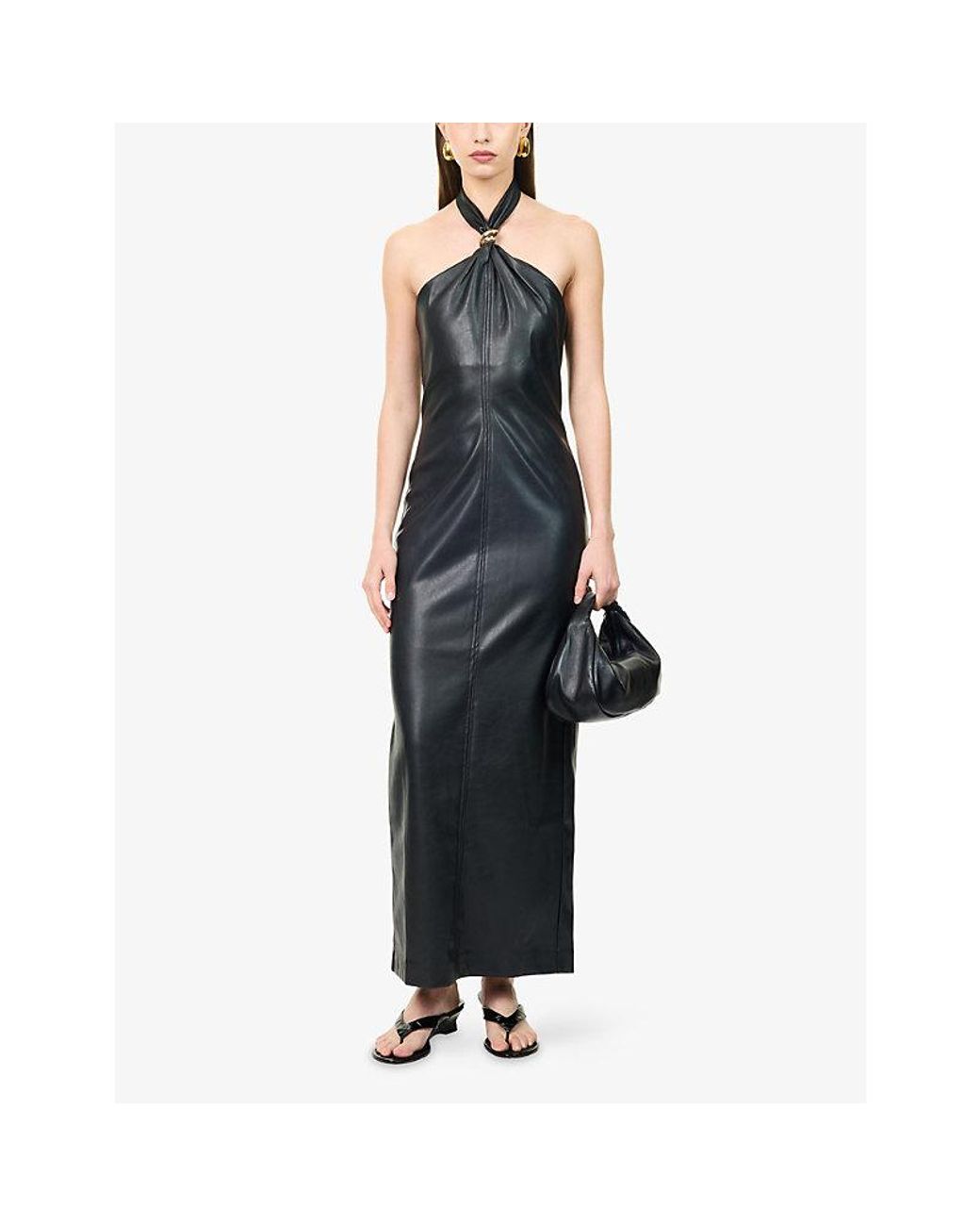 4th & Reckless Black Rhea Halter-Neck Faux Leather Midi Dress